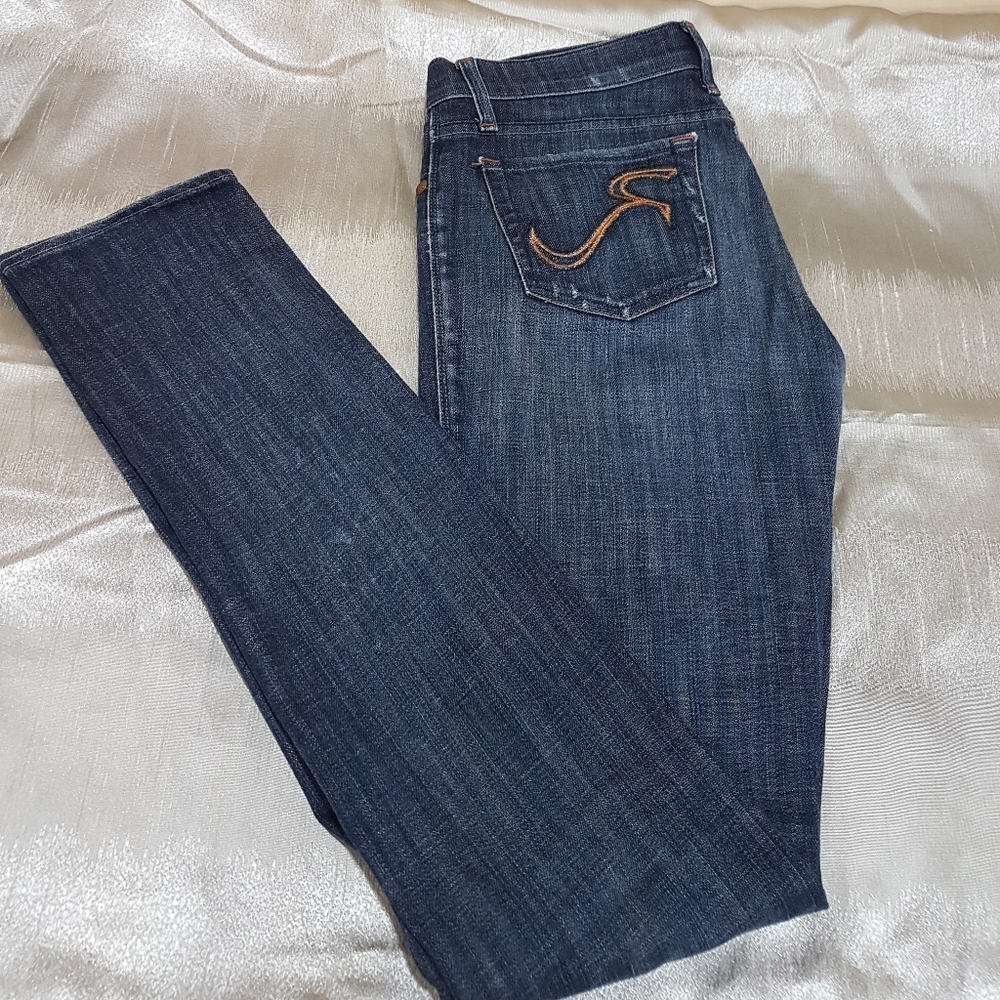 Rock & Republic Women's Skinny Jeans in Dark Blue with Brown Stitching